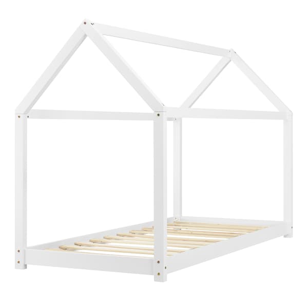 [en.casa]® Barn sängstomme Hemmet i "Hus" utförande inkl. ribbotten-160x80cm-furu-vit-max.belastning: 70 kg
