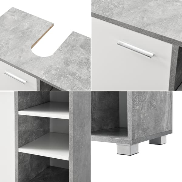 [en.casa]® Tvättställsunderskåp Narvik med dörr och 3 hyllplan-55,6x60x31cm-melaminbelagd spånskiva-betongkänsla-vit