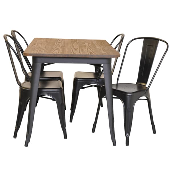 France 120 Spisestue gruppe metalplade mat sort med top top i alm og 4 mat sorte stole