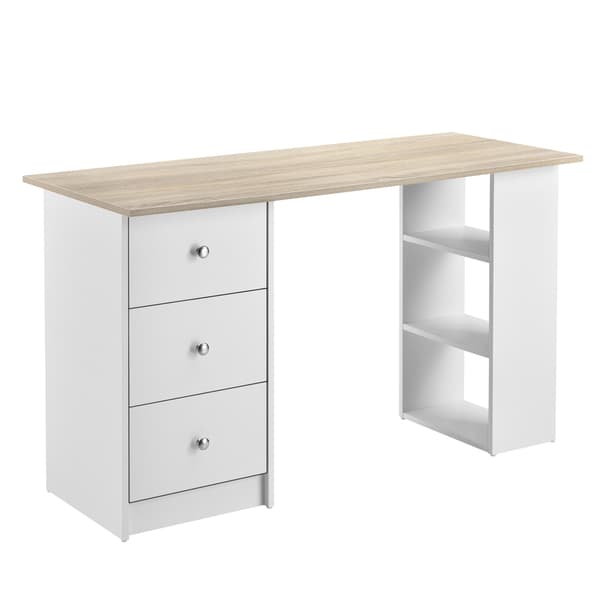[en.casa]® Skrivebord Lemberg - 120x49x72cm - melaminbelagt spånplade - med skuffer og hylder - hvid/eg
