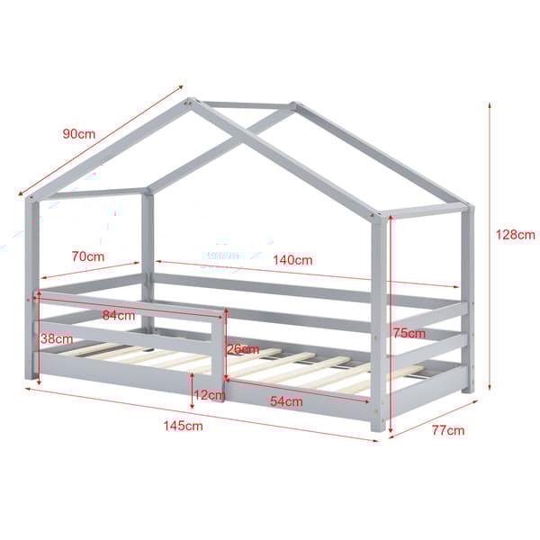 [en.casa]® Barn sängstomme Astrid i "Hus" utförande inkl. ribbotten-145x77x128cm-furu-ljusgrå-bäddmått:140x70cm