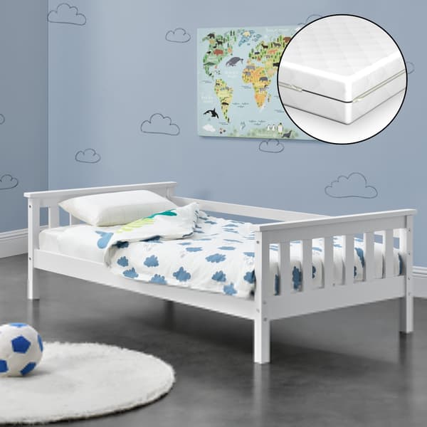 [en.casa]® Barn / Junior sängstomme Nuuk inkl. ortopedisk madrass och ribbotten-148x80x52cm-furu-vit-max.belastning: 50 kg