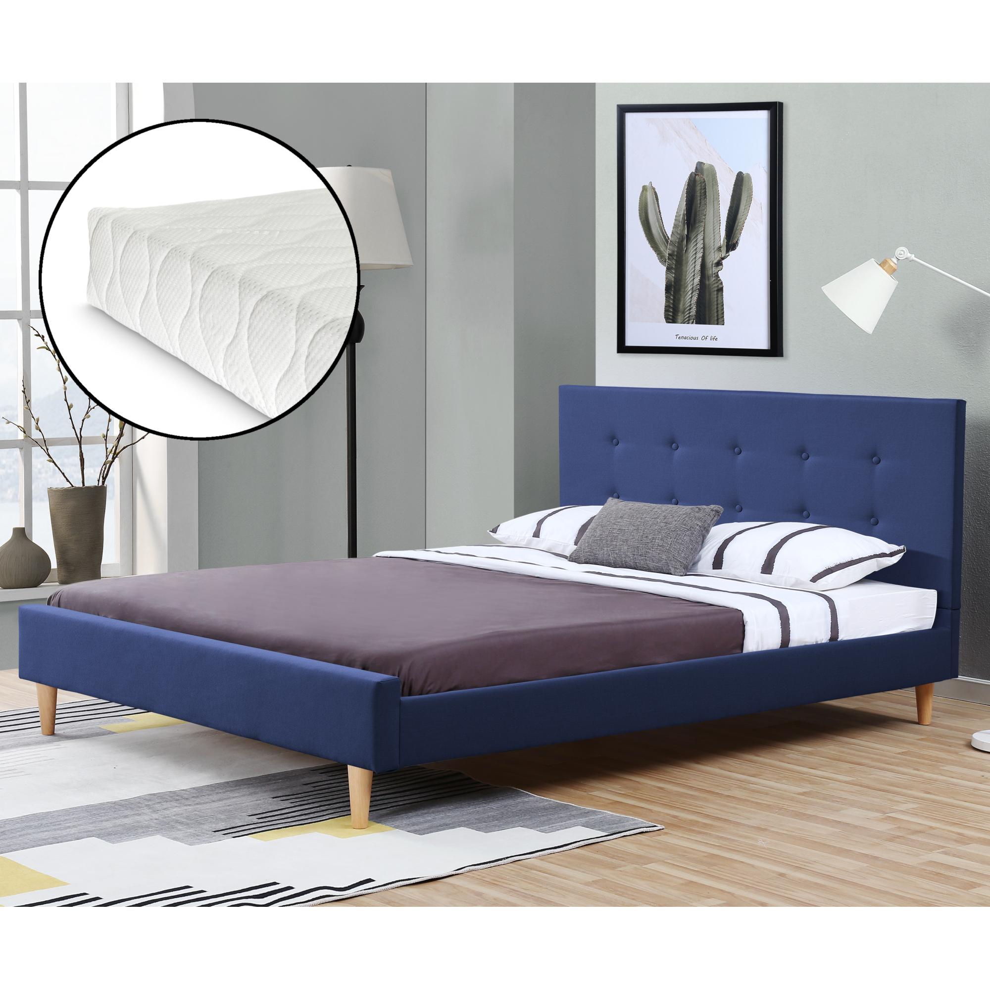 Corium® Klädd sängstomme Estoril inkl. madrass och ribbotten-200x160cm-linne-blå-med dekorativa knappar