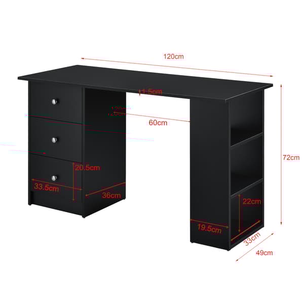 [en.casa]® Skrivbord Lemberg-120x49x72cm-svart-melaminbelagd spånskiva-med lådor och hyllor