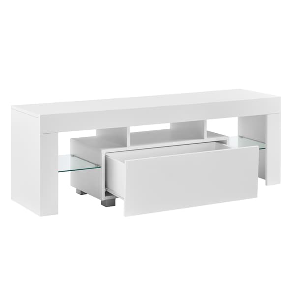 [en.casa]® Tv-bänk Grimsey med LED och fjärrkontroll-hyllplan i glas-öppet fack för dvd-spelare-med låda (högglans vit)-130x35x45cm-melaminbelagd spånskiva-vit