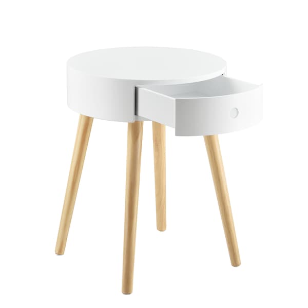 [en.casa] Stabelbart sengebord - sidebord med skuffe - rund - 50x38x38cm - MDF - fyrretræ - hvidlakeret