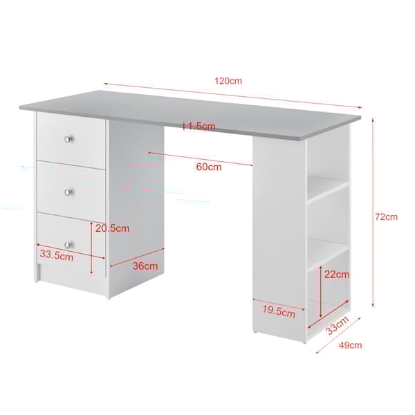 [en.casa]® Skrivbord Lemberg-120x49x72cm-vit-ljusgrå-melaminbelagd spånskiva-med lådor och hyllor