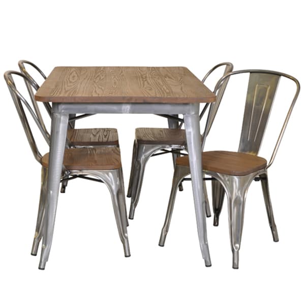 Spisestue gruppe metalplader galvaniserede France bord med topplade i alm og 4 galvaniserede About France stole med alm sæde
