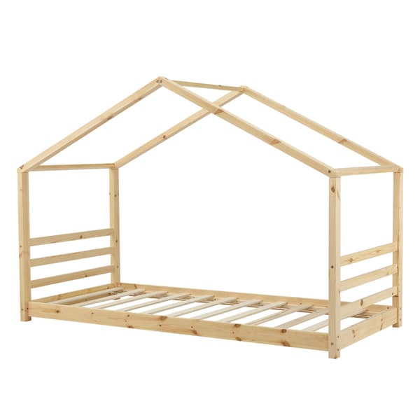 [en.casa]® Børneseng "Hus" med lamelbund - 200x90cm - fyrretræ - naturfarvet