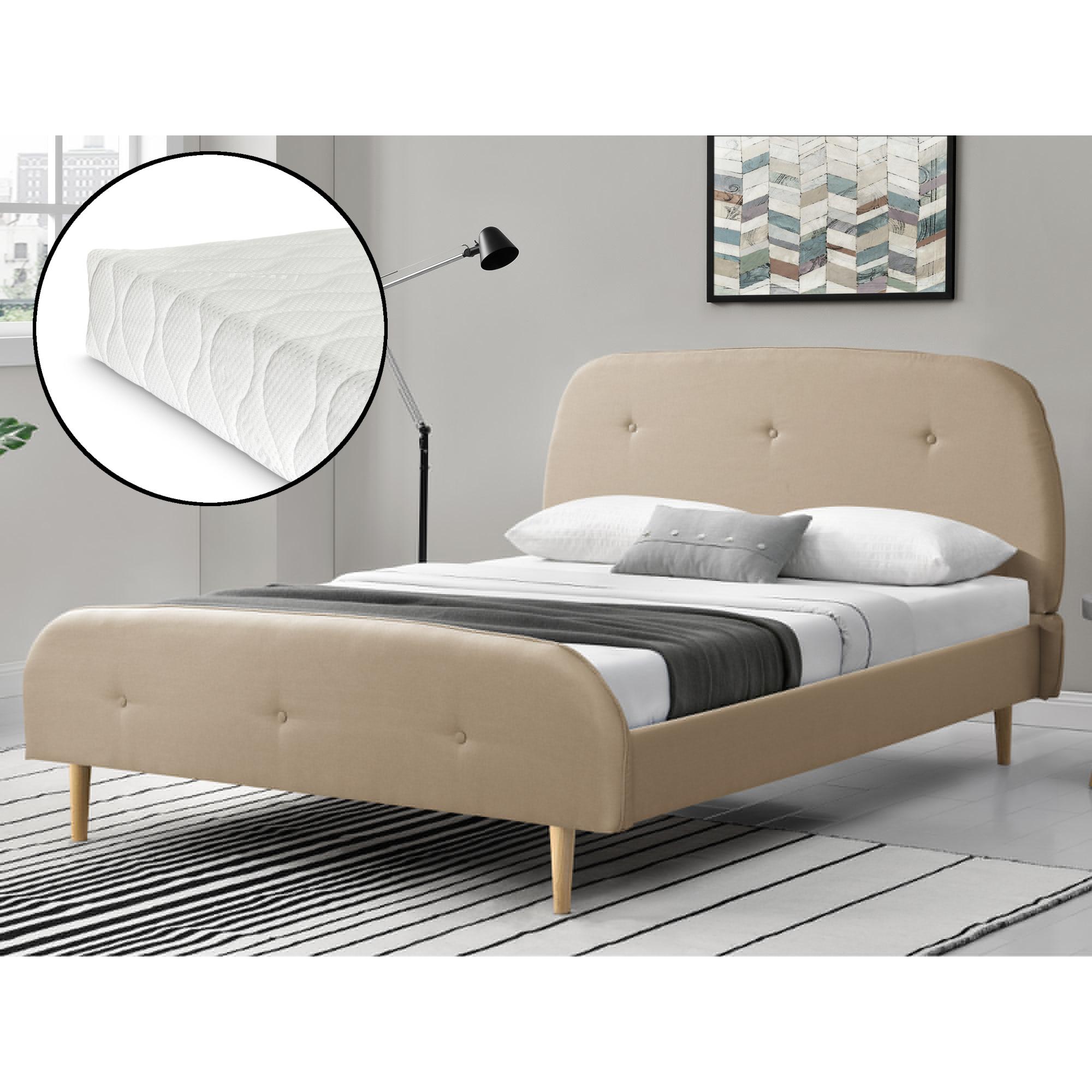 Corium® Klädd sängstomme Albufeira inkl. madrass och ribbotten-200x140cm-linne-creme-med dekorativa knappar