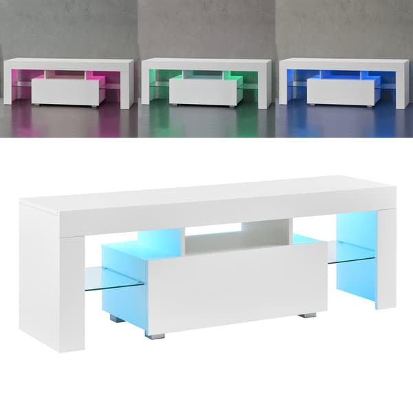 [en.casa]® Tv-bänk Grimsey med LED och fjärrkontroll-hyllplan i glas-öppet fack för dvd-spelare-med låda (högglans vit)-130x35x45cm-melaminbelagd spånskiva-vit