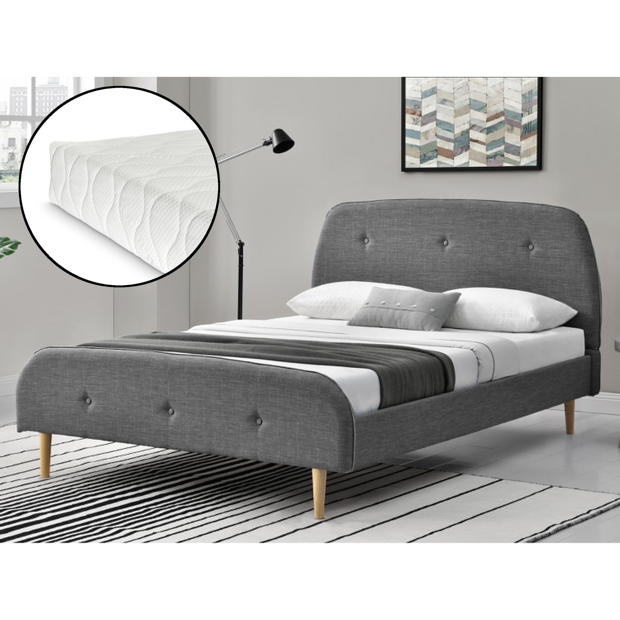 Corium® Klädd sängstomme Albufeira inkl. madrass och ribbotten-200x140cm-linne-mörkgrå-med dekorativa knapparx