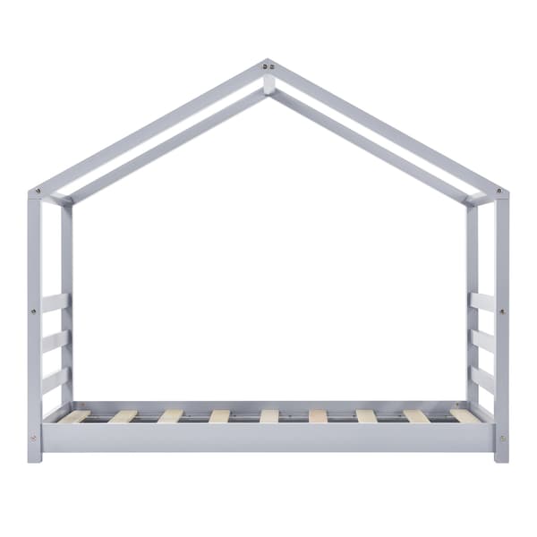 [en.casa]® Barn sängstomme Vardø i "Hus" utförande inkl. ribbotten-166x88x134cm cm-furu-grå-bäddmått:160x80cm