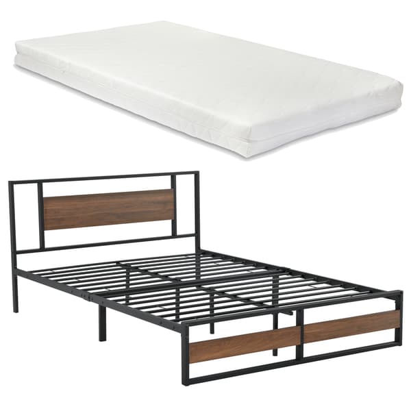 [en.casa]® Sängstomme Villach i metall-200x140cm-svart matt-pulverlackerat stål-spånskiva-träfärgade detaljer
