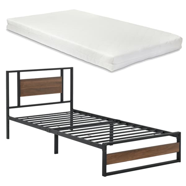 [en.casa]® Sängstomme Villach i metall-200x90cm-svart matt-pulverlackerat stål-spånskiva-träfärgade detaljer