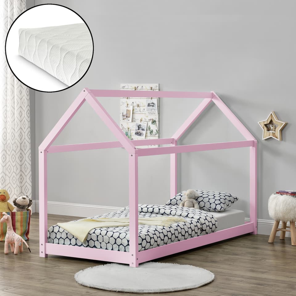 [en.casa]® Børneseng Hus - 200x90cm - fyrretræ - rosa