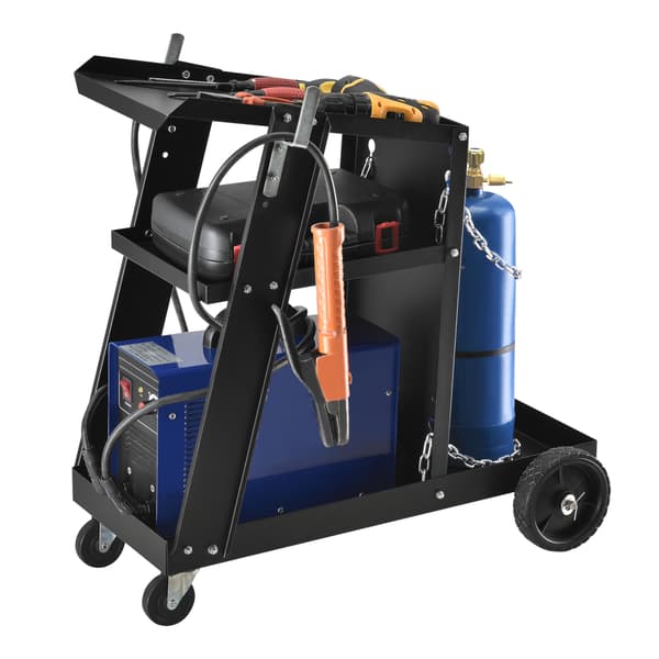 [pro.tec] Svetsvagn i stål-70,4x39x72,5cm-svart, lackad-max. belastning: ca. 40 kg-3 stora förvaringsytor och hållare för gasflaska