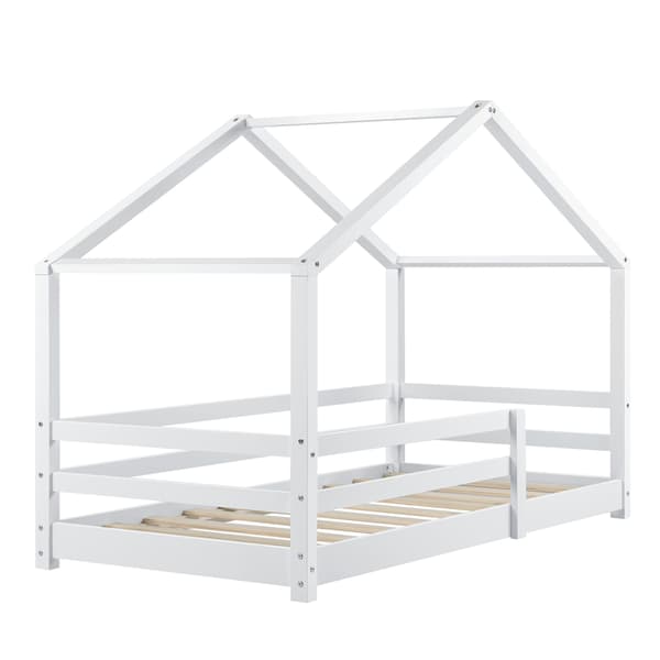[en.casa]® Barn sängstomme Astrid i "Hus" utförande inkl. ribbotten-145x77x128cm-furu-vit matt (lack)-bäddmått:140x70cm