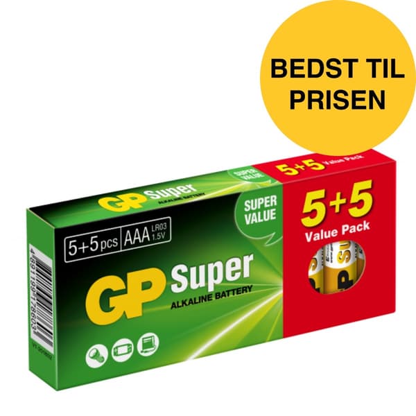 GP Super Alkaline AAA batteri, 24A/LR03 engangsbatterier, 10-pak promo-pak (5+5)