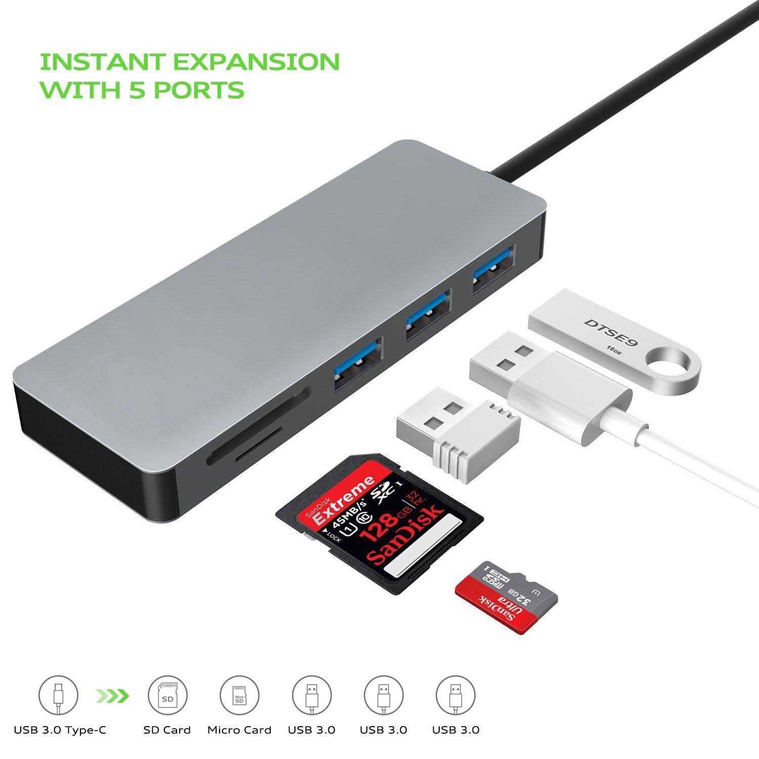 5-i-1 USB C-hub til alle typer C-enheder multifunktion med 3 x USB 3.0-porte, TF og SD-kortlæser