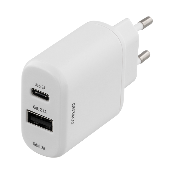 DELTACO Väggladdare, 3A 15W, 1xUSB C, 1xUSB A, vit DELTACO Väggladdare, 3A 15W, 1xUSB C, 1xUSB A, vit