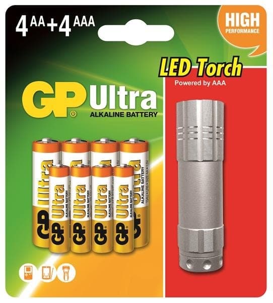 Batteri GP 4+4 AA/AAA Ultra Alkaline + LED Ficklampa