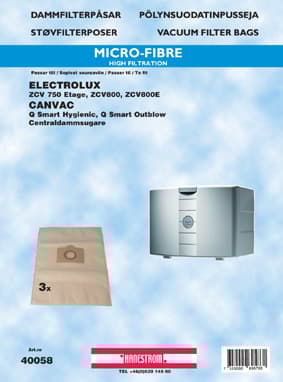 Dammsugarpåsar till ett antal Electrolux och CanVac centraldammsugare