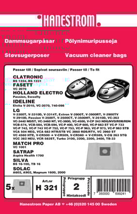 Dammsugarpåsar till LG Extron och fler LG-modeller som V-3300 till V-39100