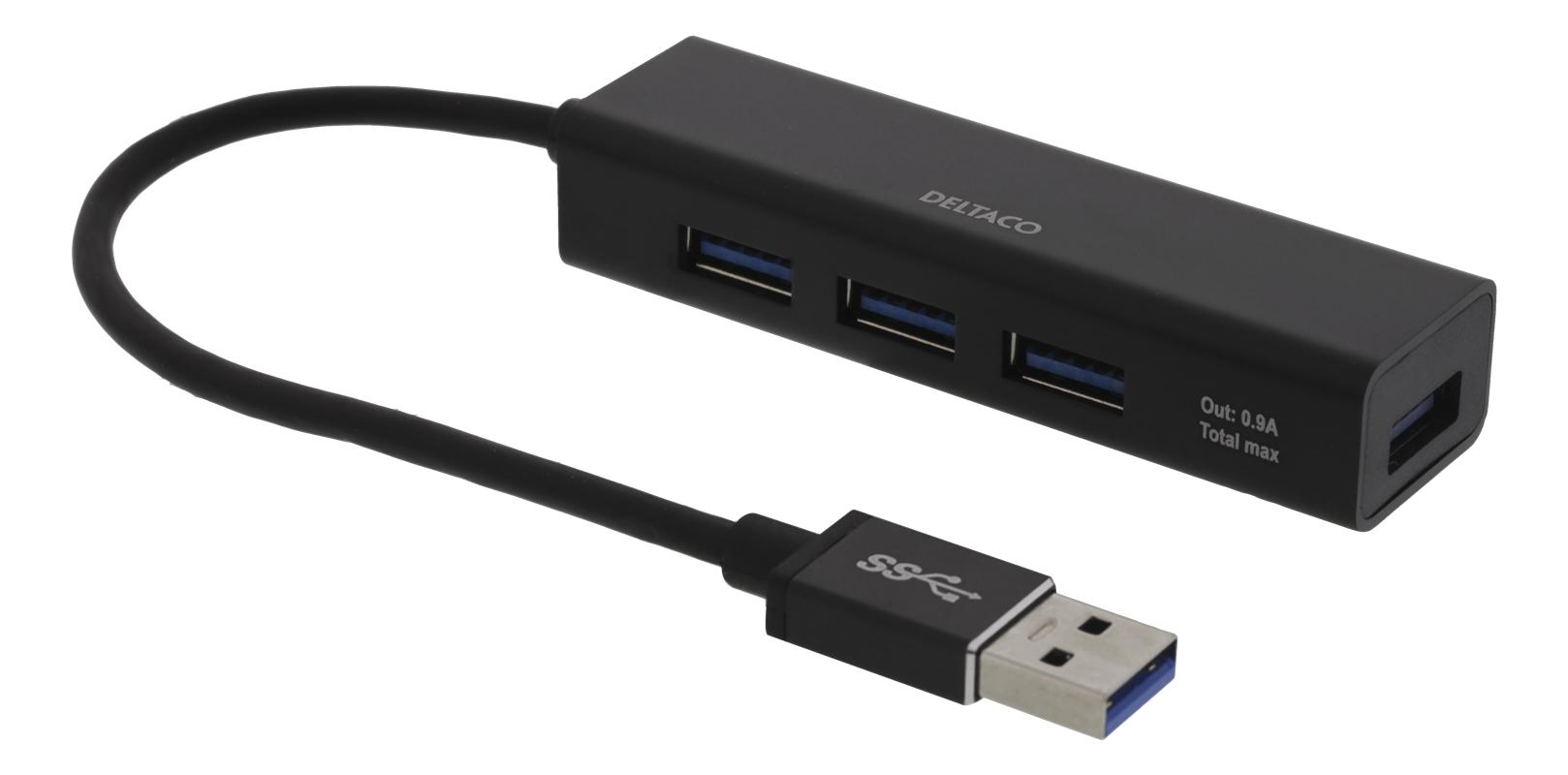 DELTACO USB Mini Hubb med fyra USB-A portar, USB 3.1 Gen 1, svart