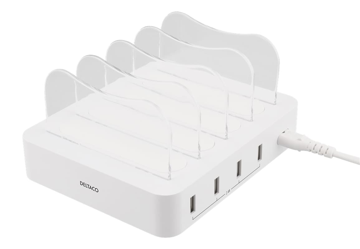 DELTACO USB charging station, 4x USB-A ports, 5V DC, 6,8A, 50W, white