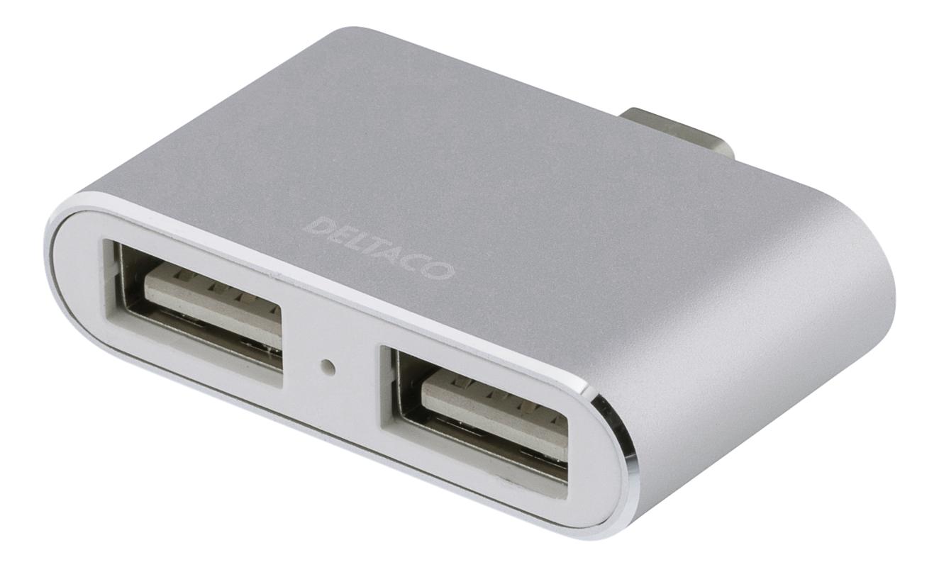 DELTACO USB-C mini hubb, 2x USB-A 2,0, 480 Mbps, 0,5A, silver