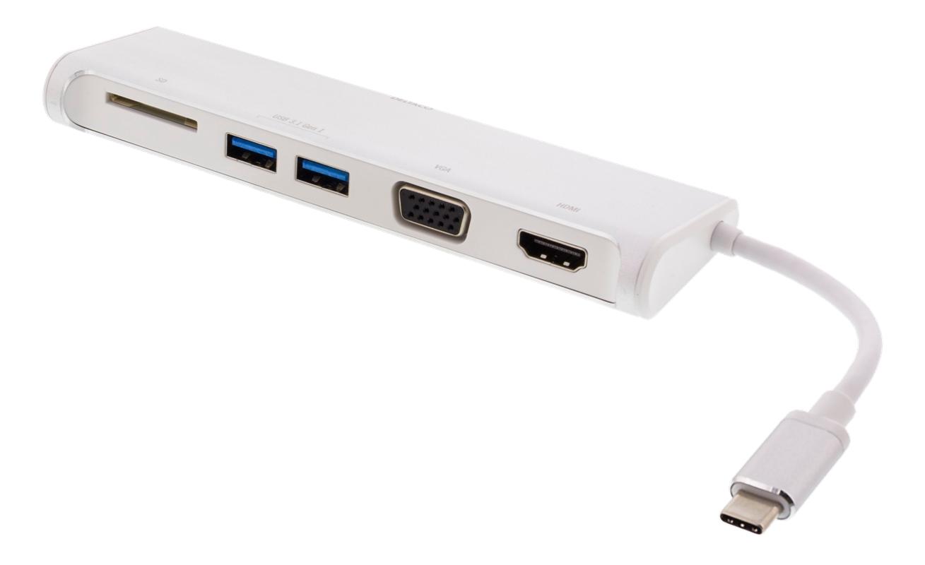 DELTACO USB-C hub, 1x HDMI 4K at 30Hz, 1x VGA, white