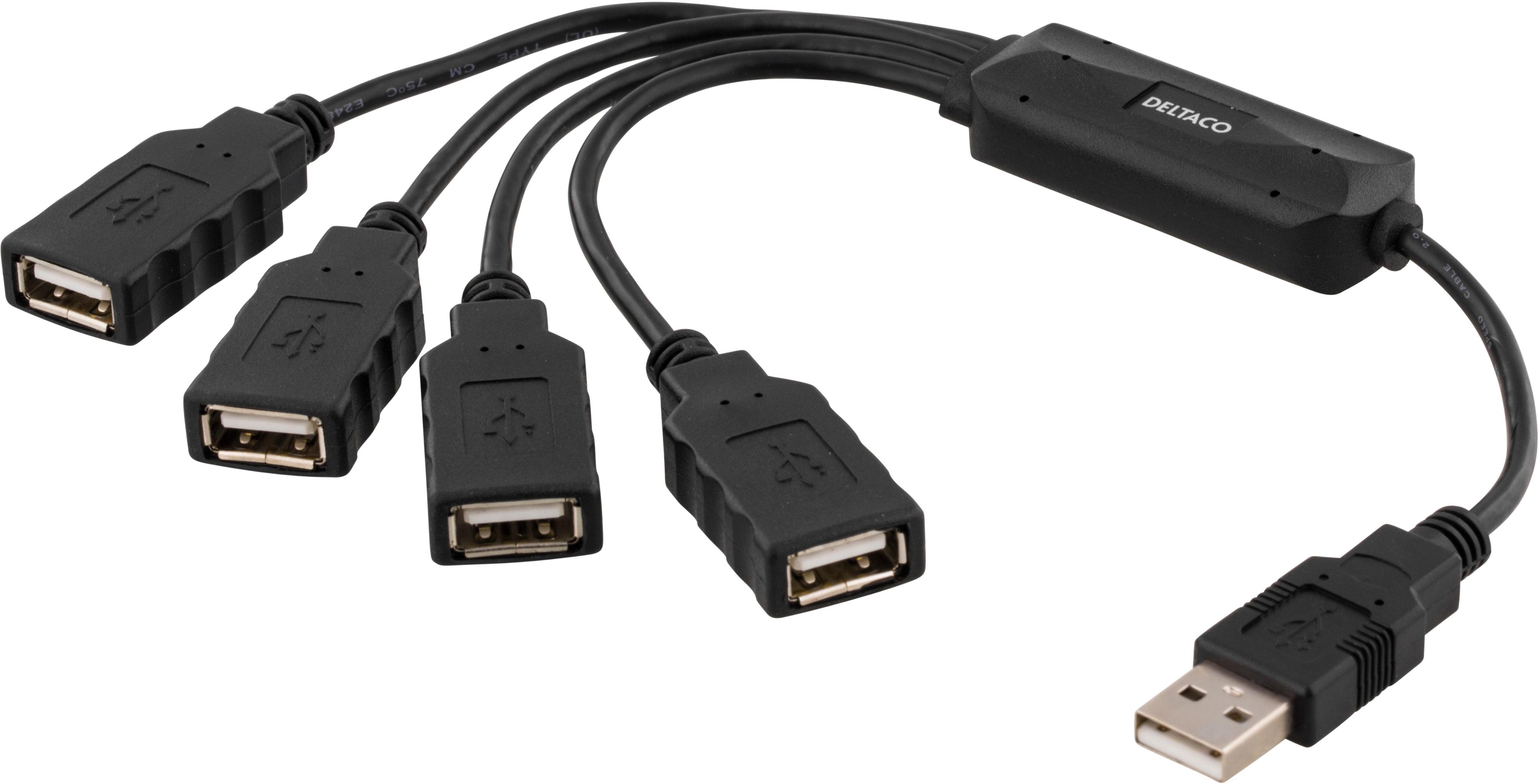 DELTACO USB 2.0 hub, 4xType A hun, blækspruttekabel, 0,15m, sort