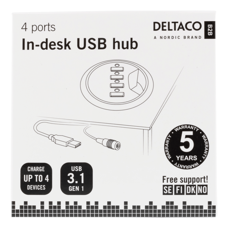 DELTACO In-desk USB hub, 4xUSB-A 3.1 Gen 1, 2.4A, BC 1.2, 60mm, black