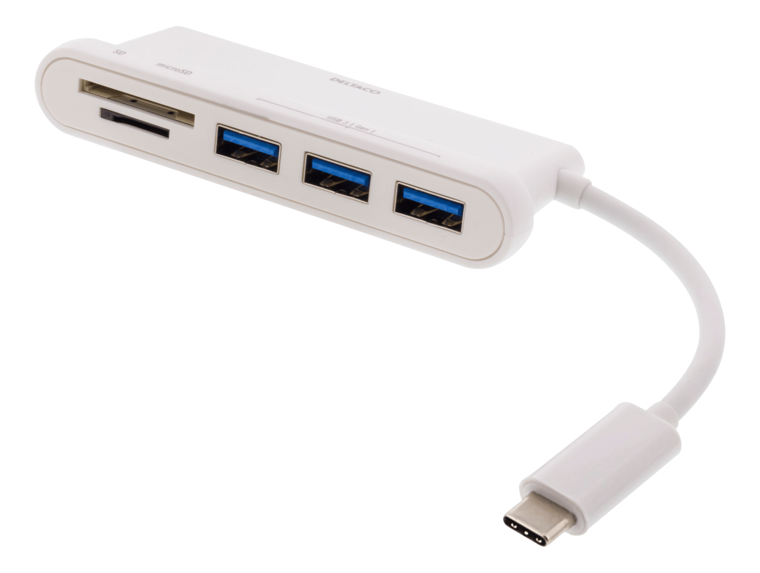 DELTACO USB-C hub, 3x USB-A 3.1, 1x SD slot, 1x microSD slot, white