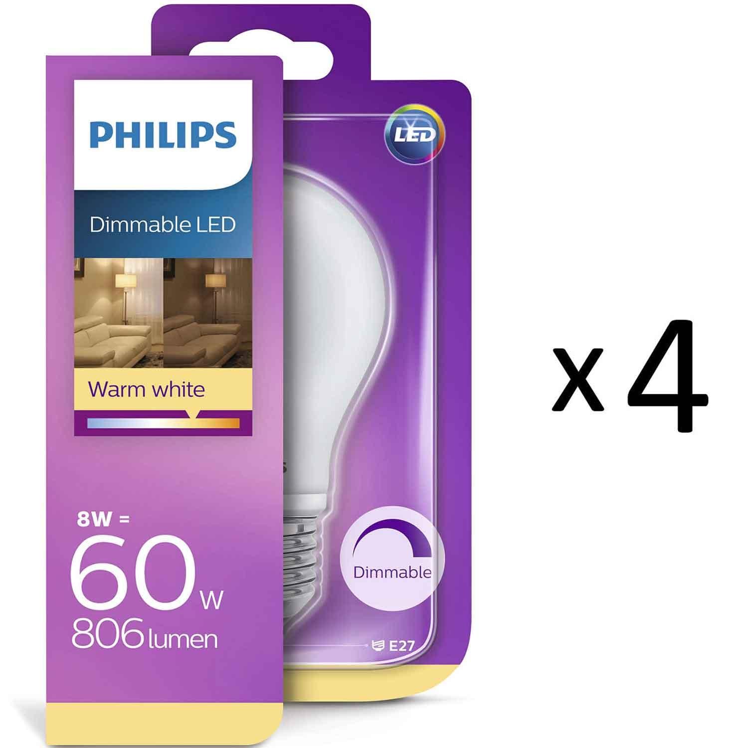 Philips LED E27 Std 60W Frost Dim 4st