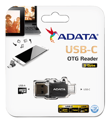 ADATA USB-C-muistikortinlukija, OTG, USB-A, musta