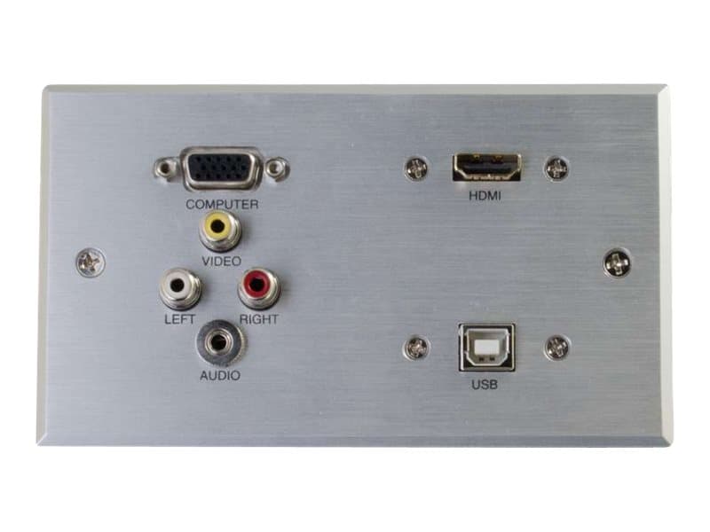 C2G RapidRun Double Gang Integrated VGA (HD15) + 3.5mm + Composite Video + Stereo Audio + HDMI + USB Wall Plate - Monteringsplatta - HD-15, RCA X 3, minihörlurskontakt, stereo 3,5 mm, HDMI, USB typ B - borstad aluminium - 2-gang