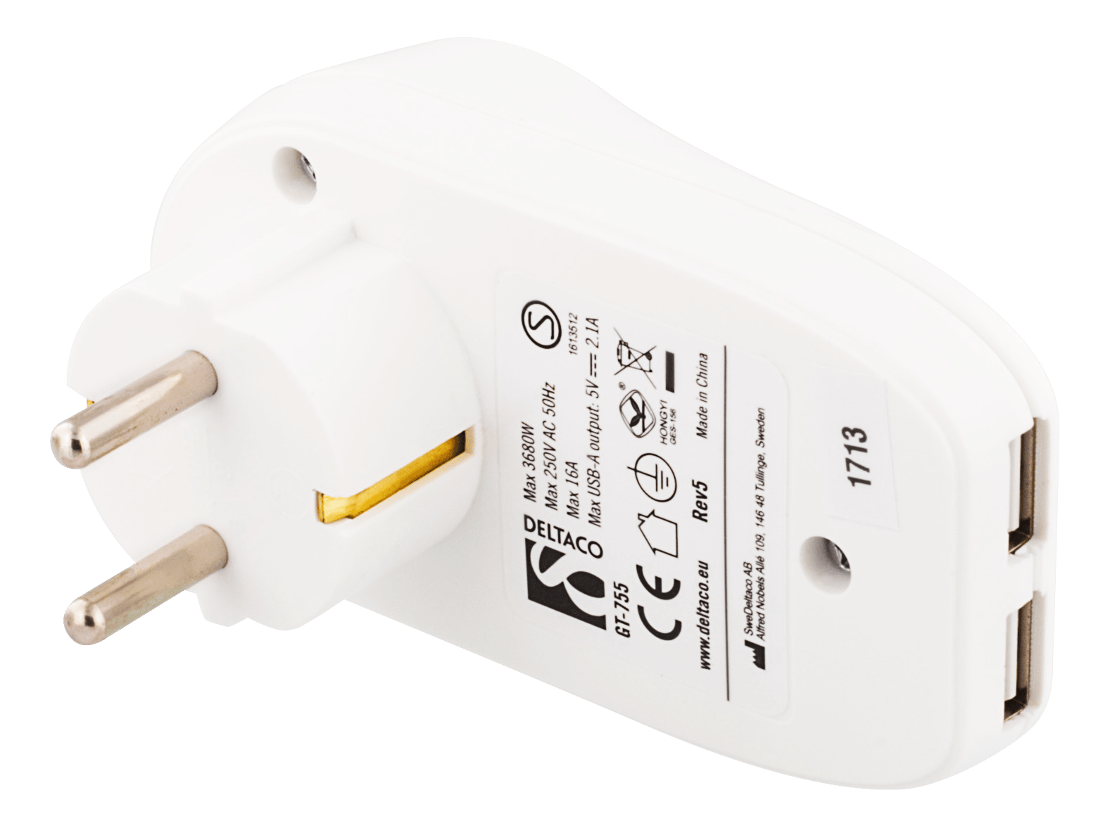 DELTACO Earthed USB Wall-Charger, 2xUSB Port 5V USB, 2.1A, white