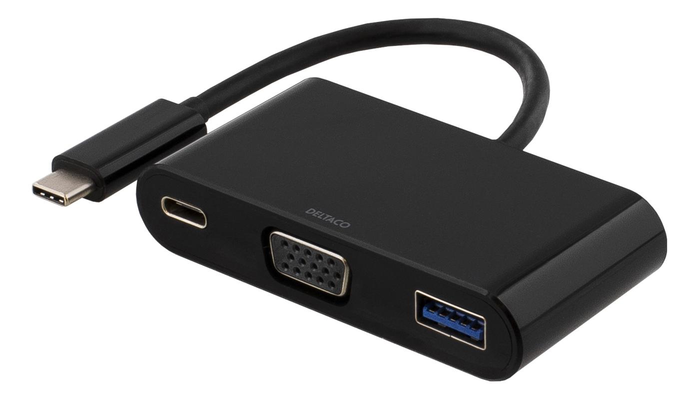 DELTACO USB-C to VGA and USB Type A adapter, USB-C FM, 60W, black