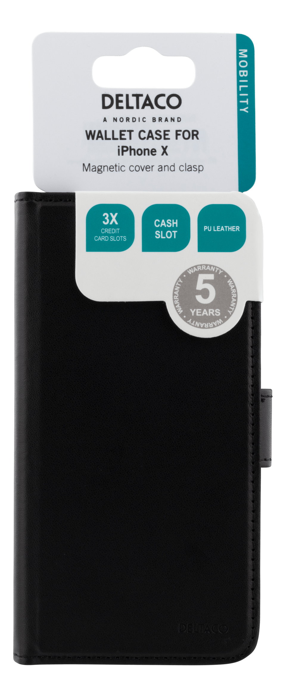 DELTACO wallet case 2-in-1, iPhone X/Xs, magnetic back cover, black