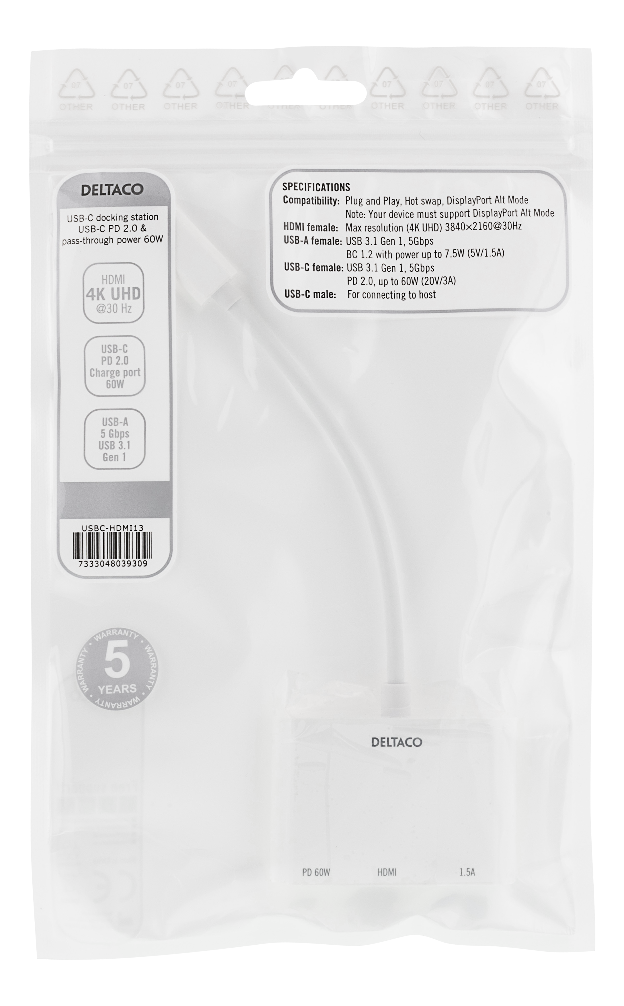 DELTACO USB-C docking station, HDMI/USB-A/USB-C, 60W USB-C PD, white