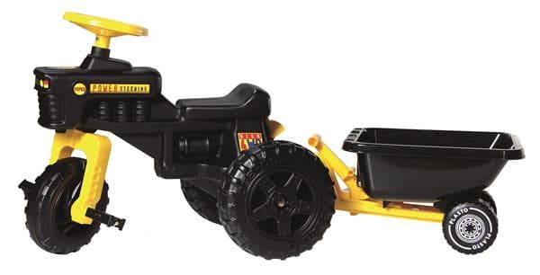 Tramptraktor med släp, svart. Längd 105 cm, sitthöjd 32 cm.