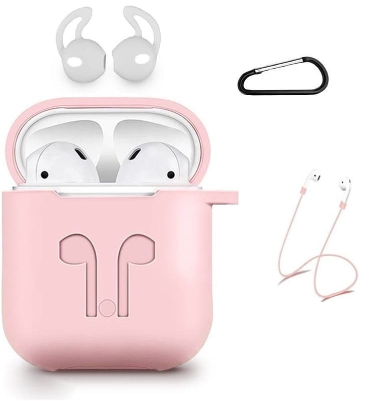 Silikon-kit till Airpods, Silikonfodral, Strap, Silikonsnäckor, Karbinhake, Rosa
