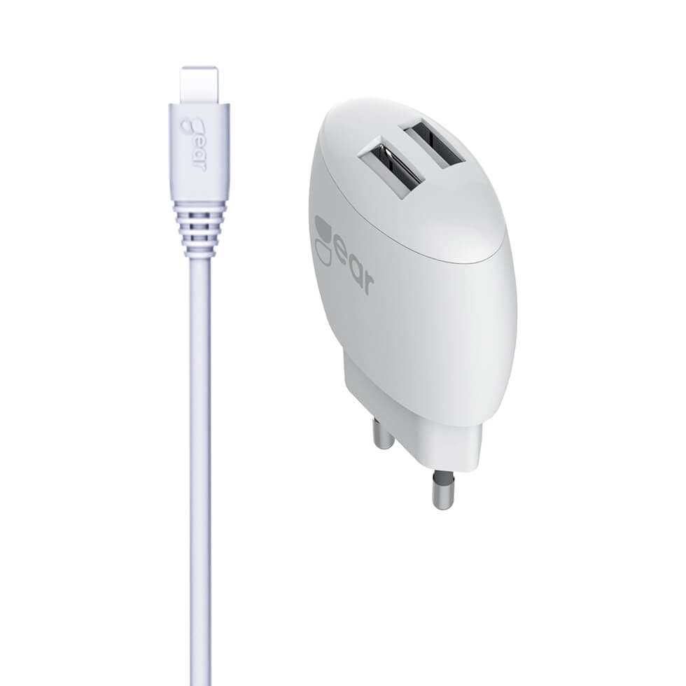 GEAR Lader 220V 2xUSB 2,4A USB-C Rund Kabel 1m gen2 Hvid