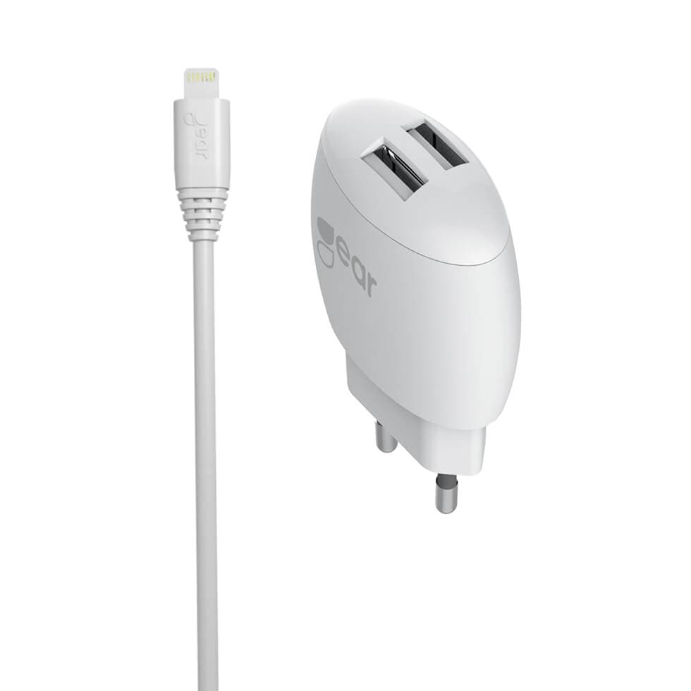 GEAR Lader 220V 2xUSB 2,4A + Lightning Rund Kabel 1.0m MFI