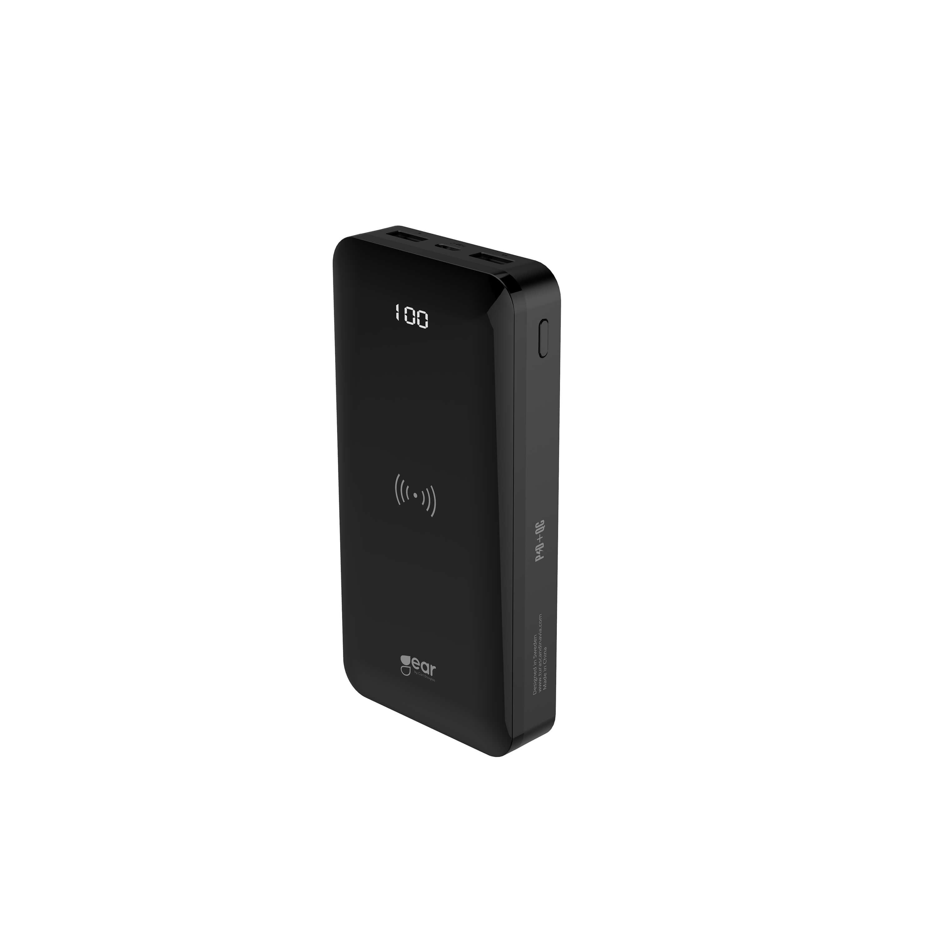 GEAR Powerbank 20 000mAh LiPolymer 5W-Qi 18W-PD 3A 1xUSB-C 2xUSB-A 1xMicroUSB LEDindikator Sort
