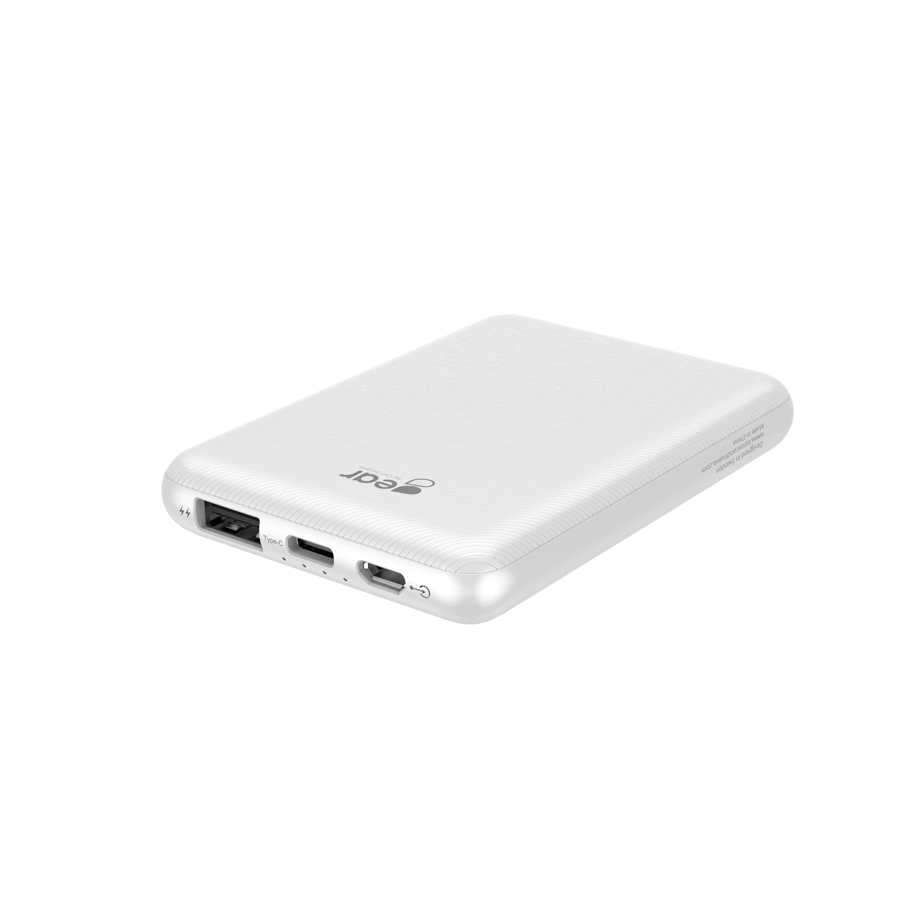 GEAR Powerbank 5000mAh LiPolymer Ultracompact 2A 1xUSB-C 2xUSB-A 1xMicroUSB Hvid