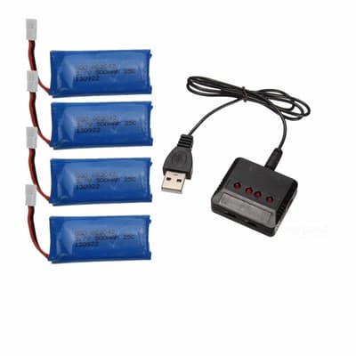 4 kpl 3.7V 500mAh akku + 1kpl laturi X4 H107L H107C H107D H107 V252 JXD 385 RC-Quadcopter