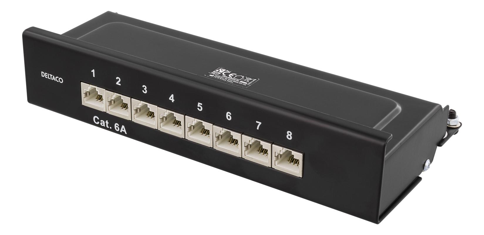 DELTACO Patchpanel, 8xRJ45, Cat6a, väggmonterbar, 10Gbps, svart